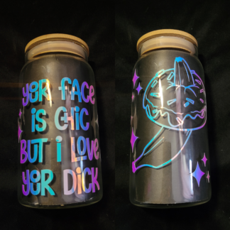 Sklenička s bambusovým víčkem a brčkem - "Your face is CHIC" s holografickým polepem